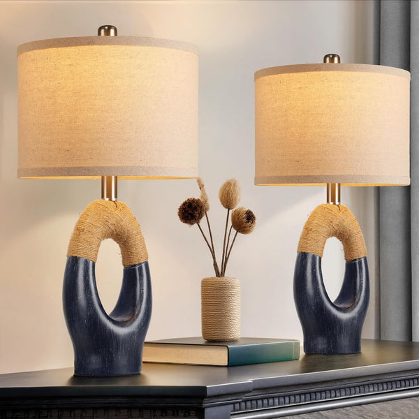 Set of 2 Boho Rattan Table Lamps – Wood Grain Color