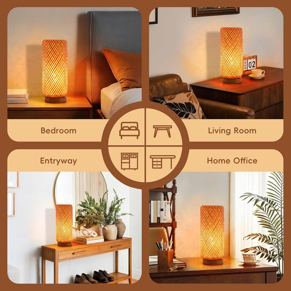 Boho Rattan Table Lamp – Vintage Wicker & Bamboo Style