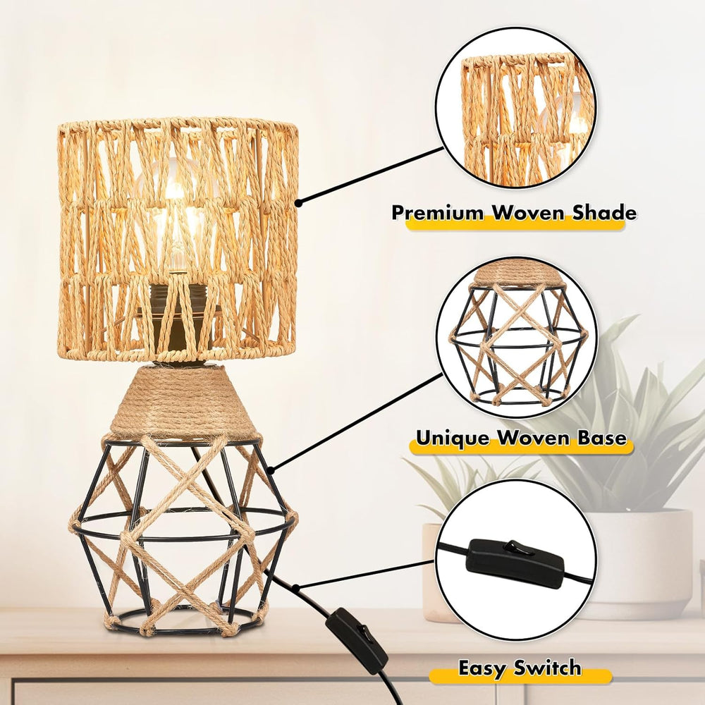 Hamilyeah Boho Table Lamps – Set of 2 (Woven Shade &amp; Black Cage Base)