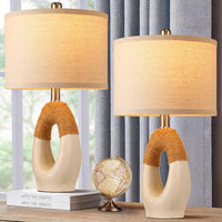 Set of 2 Boho Rattan Table Lamps – Wood Grain Color